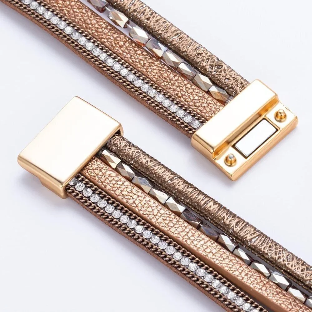 Leather Wrap Boho Cuff Bracelet Crystal Bead Multi Layer Jewelry Gift Women